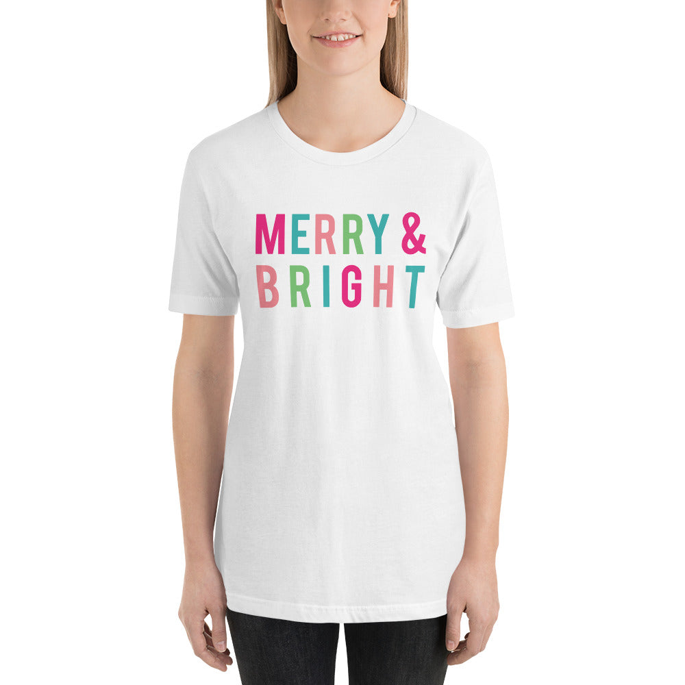 Christmas Merry and Bright Colorful Block Letters Short-Sleeve Unisex T-Shirt - Next Stop Main Street