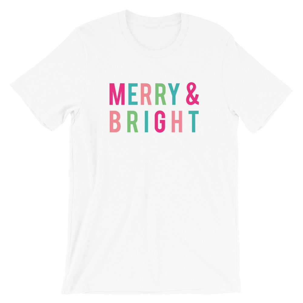 Christmas Merry and Bright Colorful Block Letters Short-Sleeve Unisex T-Shirt - Next Stop Main Street