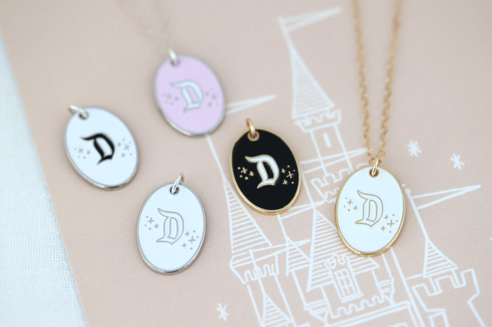 Initial Charm Necklace Black Enamel & Brass Letter Disc Necklace