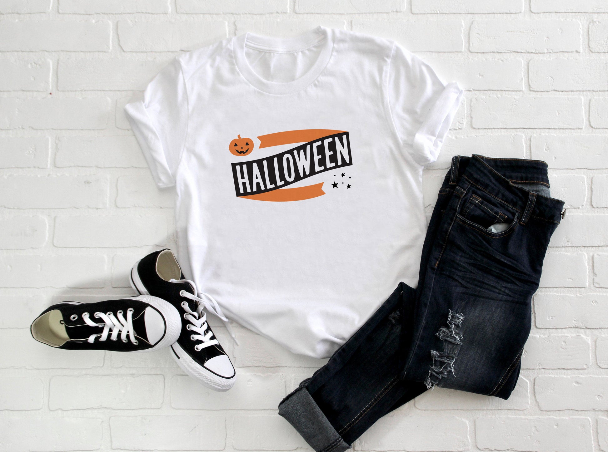 Halloween Banner Pumpkin and Stars Short-Sleeve Unisex T-Shirt (more colors available) - Next Stop Main Street