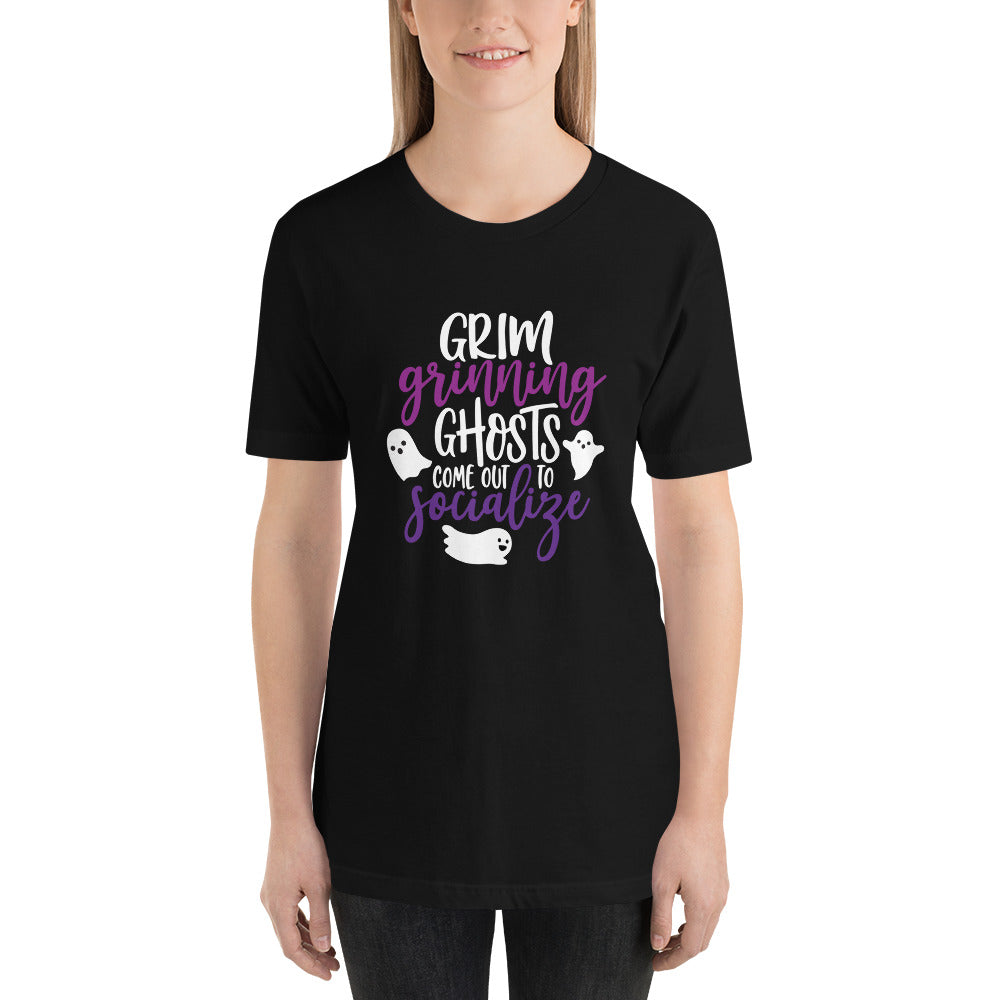 Halloween Grim Grinning Ghosts Come Out to Socialize Unisex T-Shirt, White Text (more colors available) - Next Stop Main Street