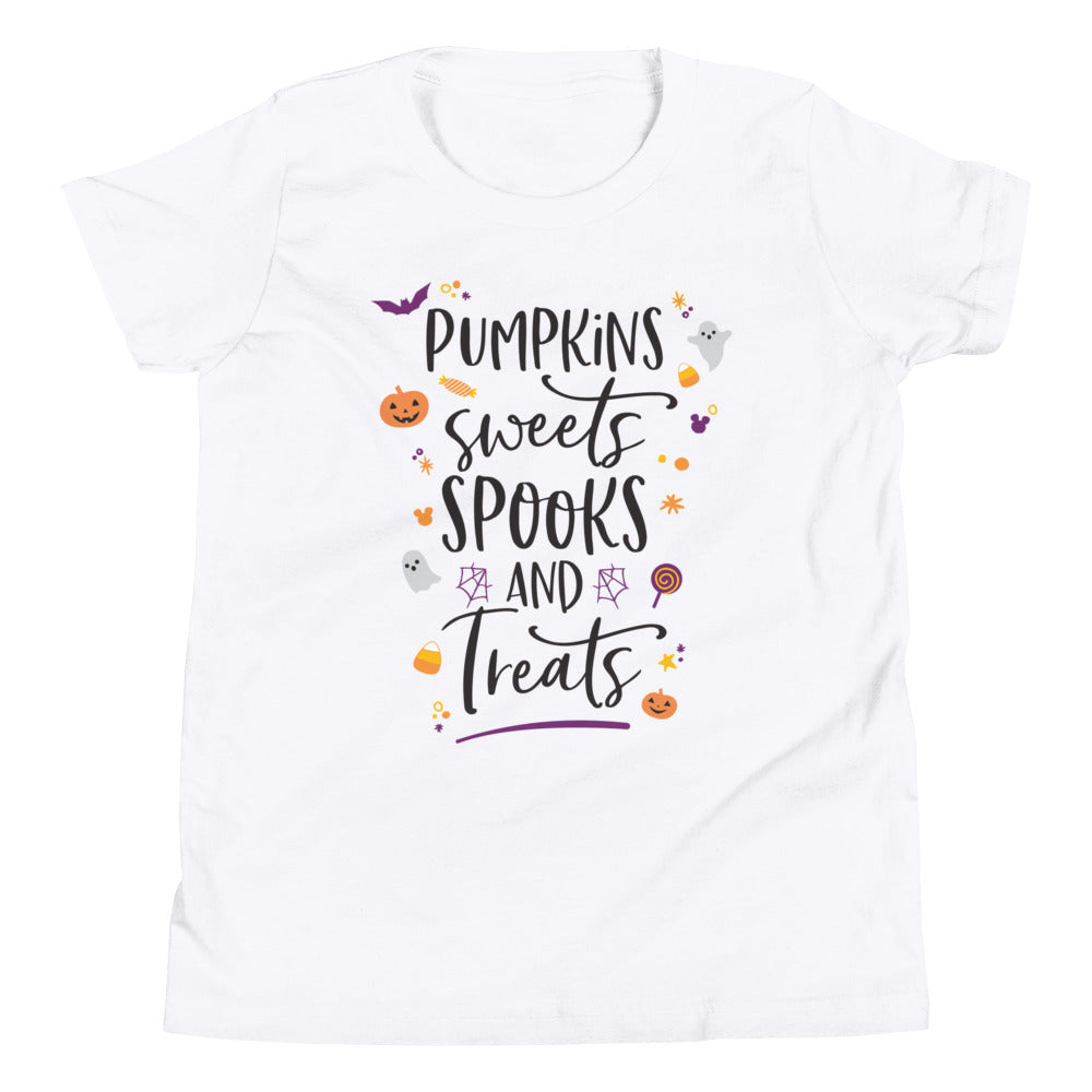 Halloween Pumpkins Sweets Spooks and Treats YOUTH Short Sleeve T-Shirt - Next Stop Main Street