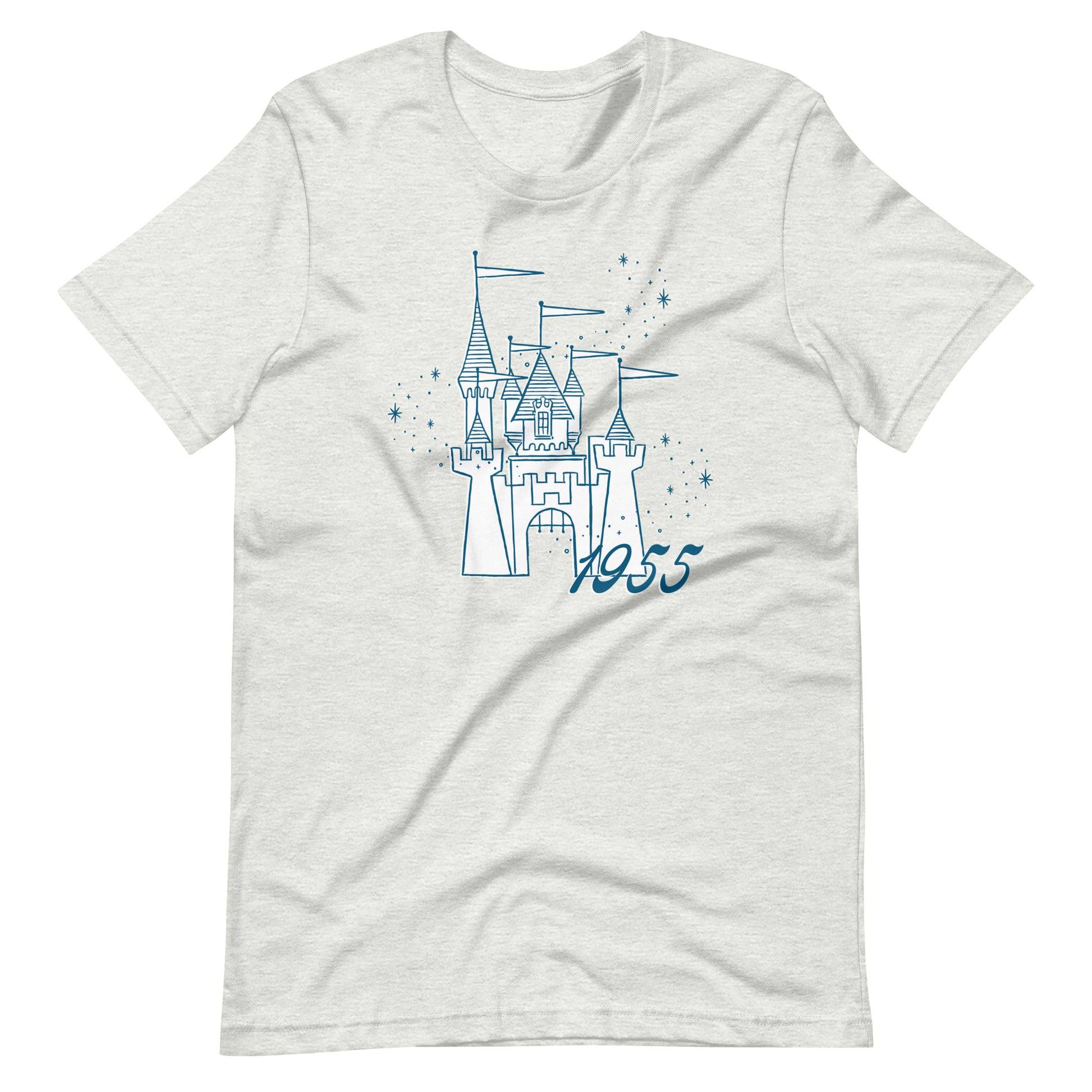 Heather ash colored shirt printed with vintage style sketch of the Disneyland Castle, the year 1955, and pixie dust above the castle.