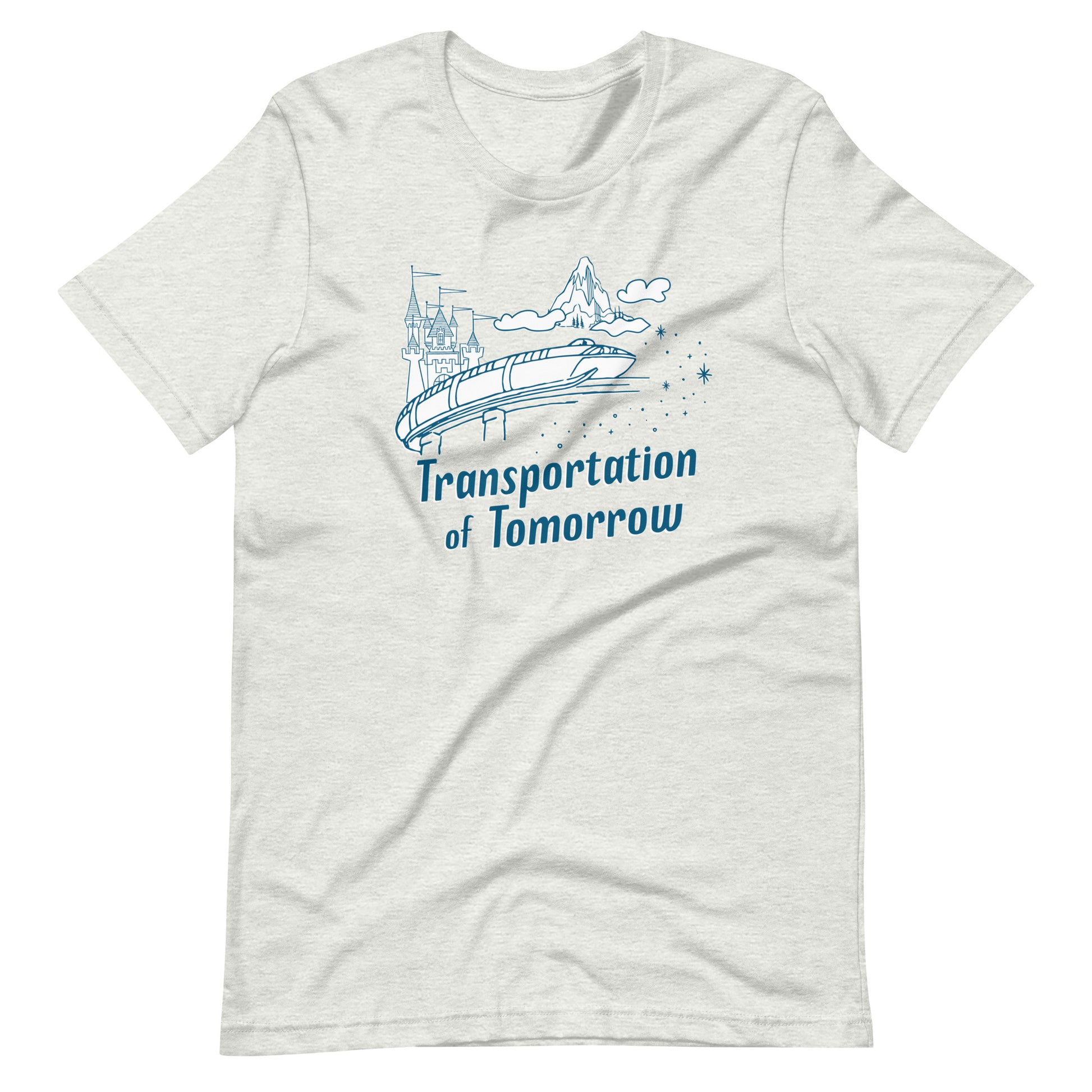 Heather ash colored shirt printed with vintage style sketch of the Matterhorn, Castle, and Monorail with pixie dust. The shirt says Transportation of Tomorrow.