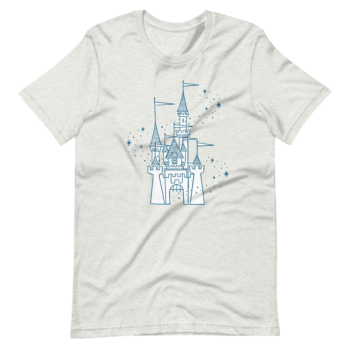 Heather ash colored shirt printed with vintage style sketch of a castle and pixie dust around the castle.