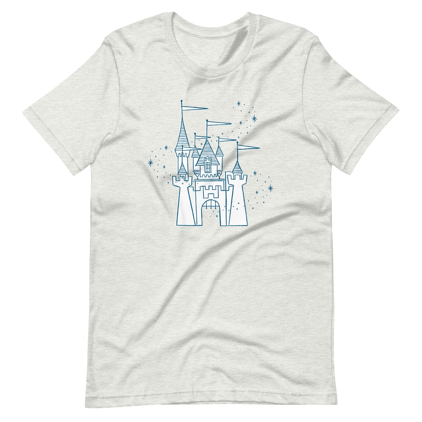 Heather ash colored shirt printed with vintage style sketch of the Disneyland Castle and pixie dust above the castle.