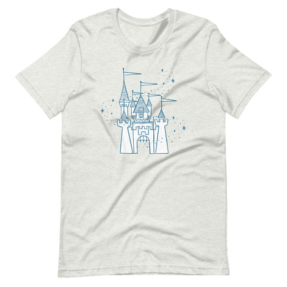 Heather ash colored shirt printed with vintage style sketch of the Disneyland Castle and pixie dust above the castle.
