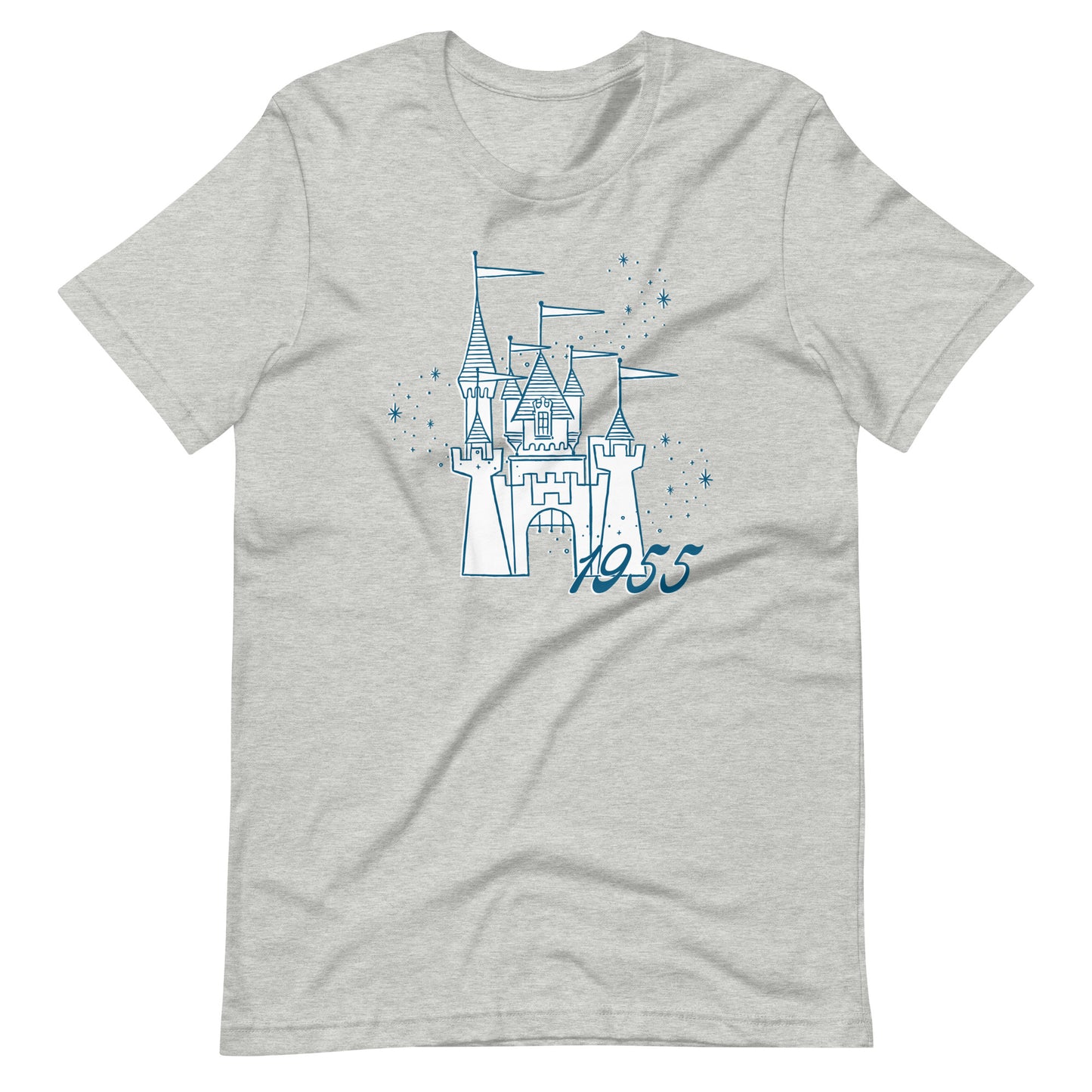 Gray shirt printed with vintage style sketch of a castle, the year 1955, and pixie dust above the castle.