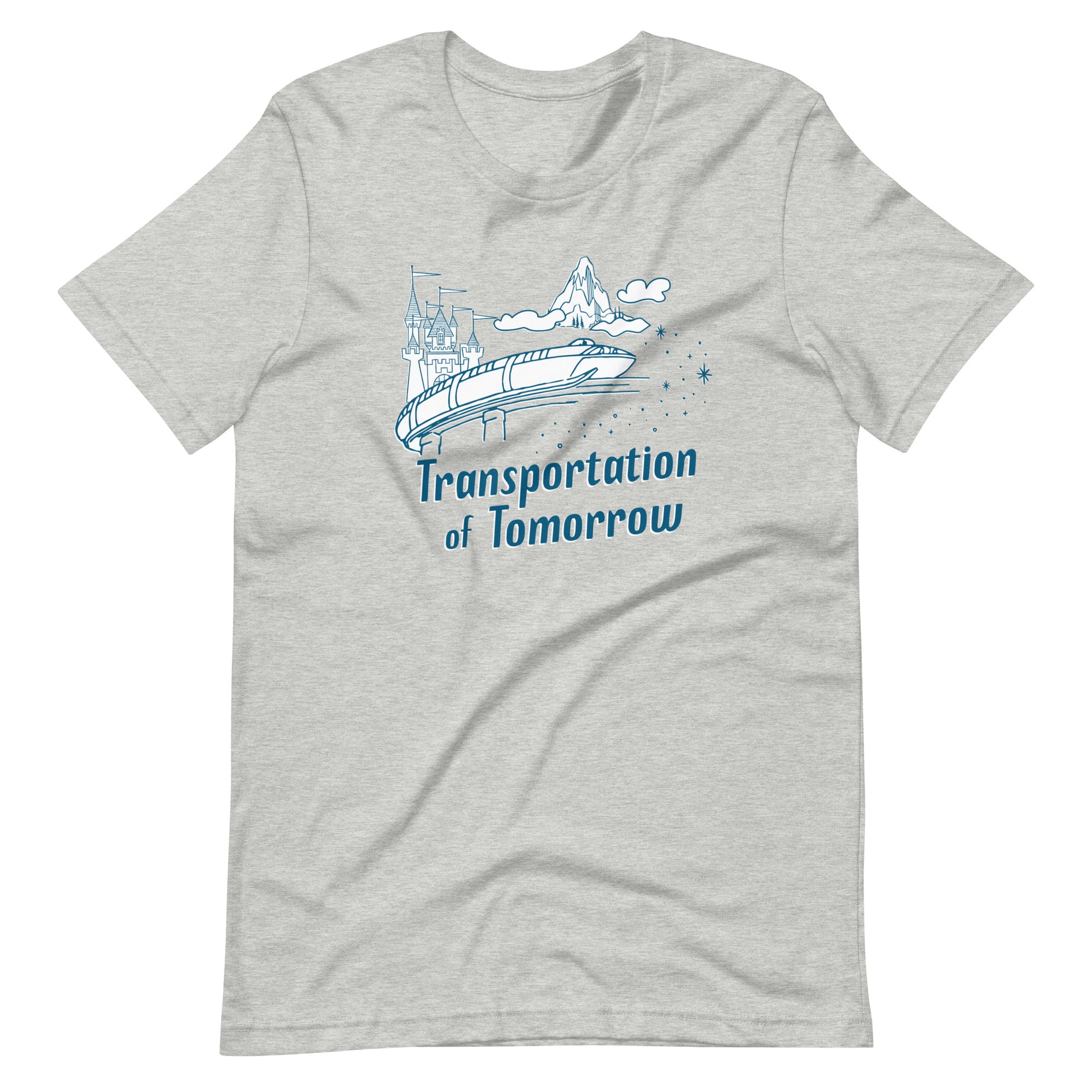 Gray shirt printed with vintage style sketch of the Matterhorn, Castle, and Monorail with pixie dust. The shirt says Transportation of Tomorrow.