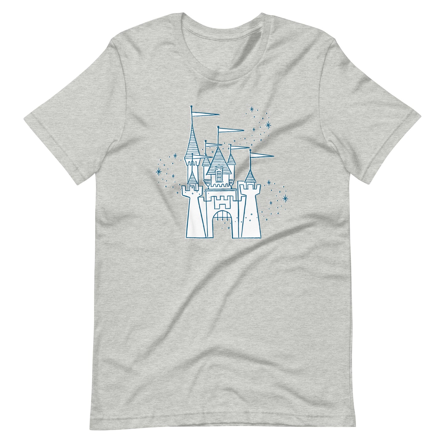 Gray shirt printed with vintage style sketch of the Disneyland Castle and pixie dust above the castle.