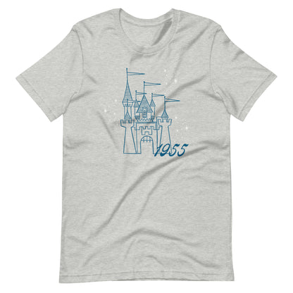 Gray t-shirt printed with vintage style sketch of the Disneyland Castle with the year 1955 and pixie dust above the castle.