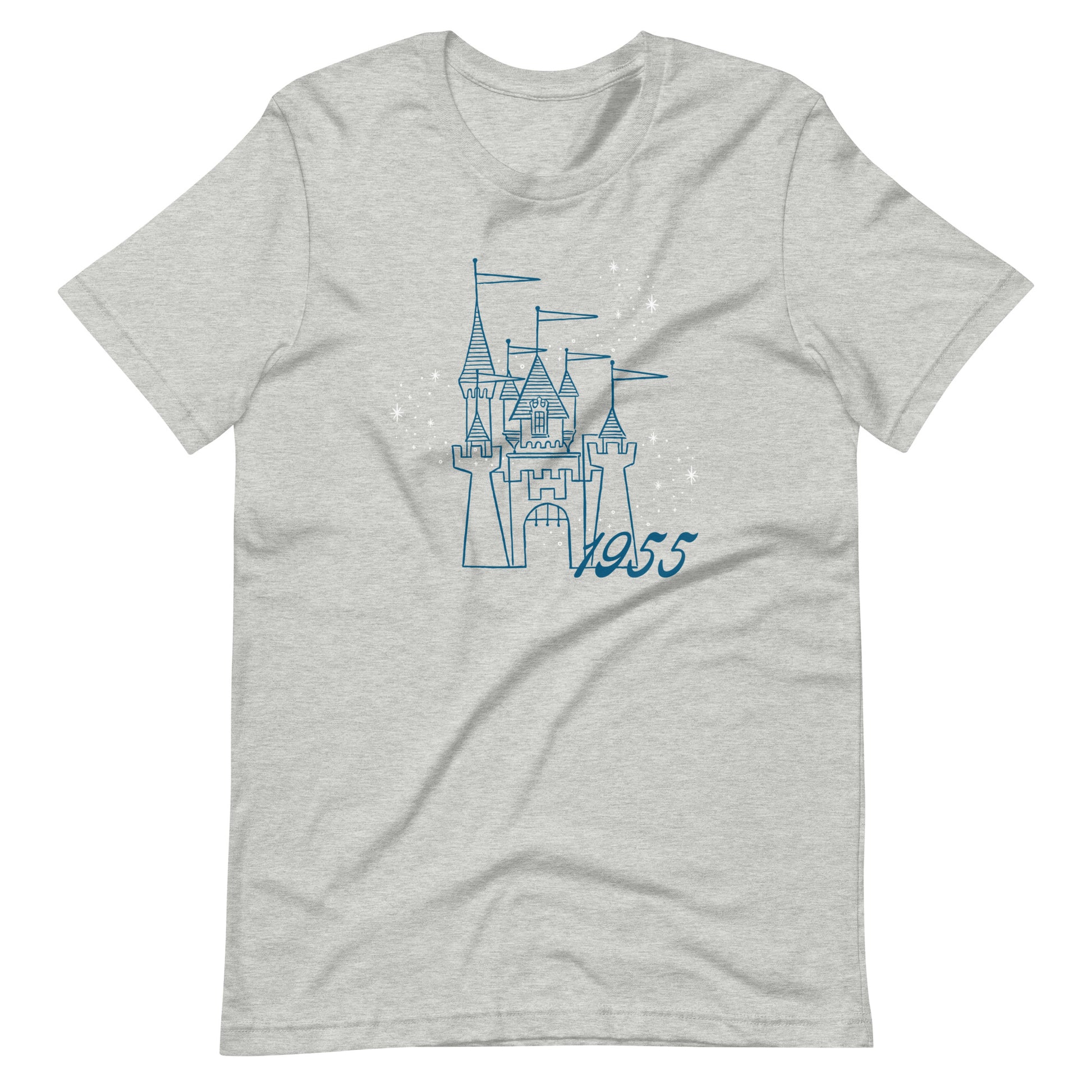Gray t-shirt printed with vintage style sketch of a castle with the year 1955 and pixie dust above the castle.