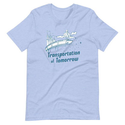 Blue shirt printed with vintage style sketch of the Matterhorn, Castle, and Monorail with pixie dust. The shirt says Transportation of Tomorrow.