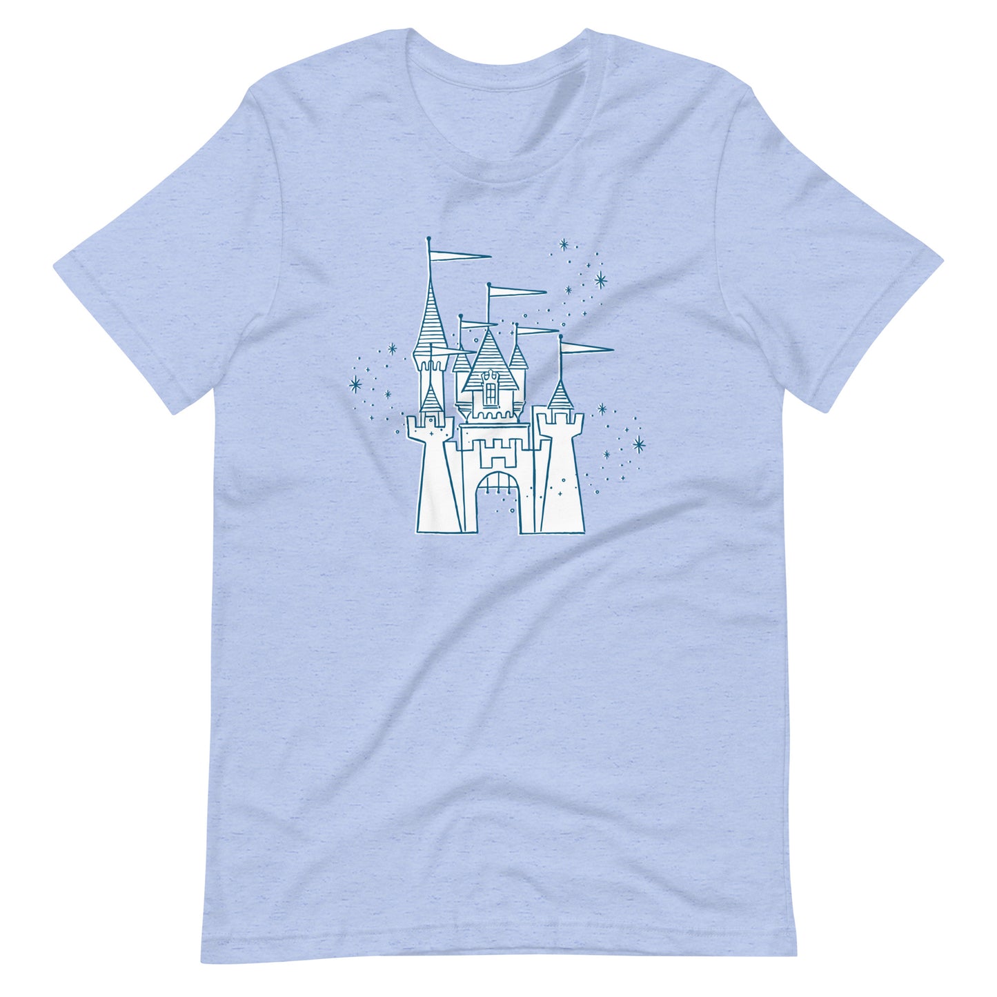 Blue shirt printed with vintage style sketch of the Disneyland Castle and pixie dust above the castle.