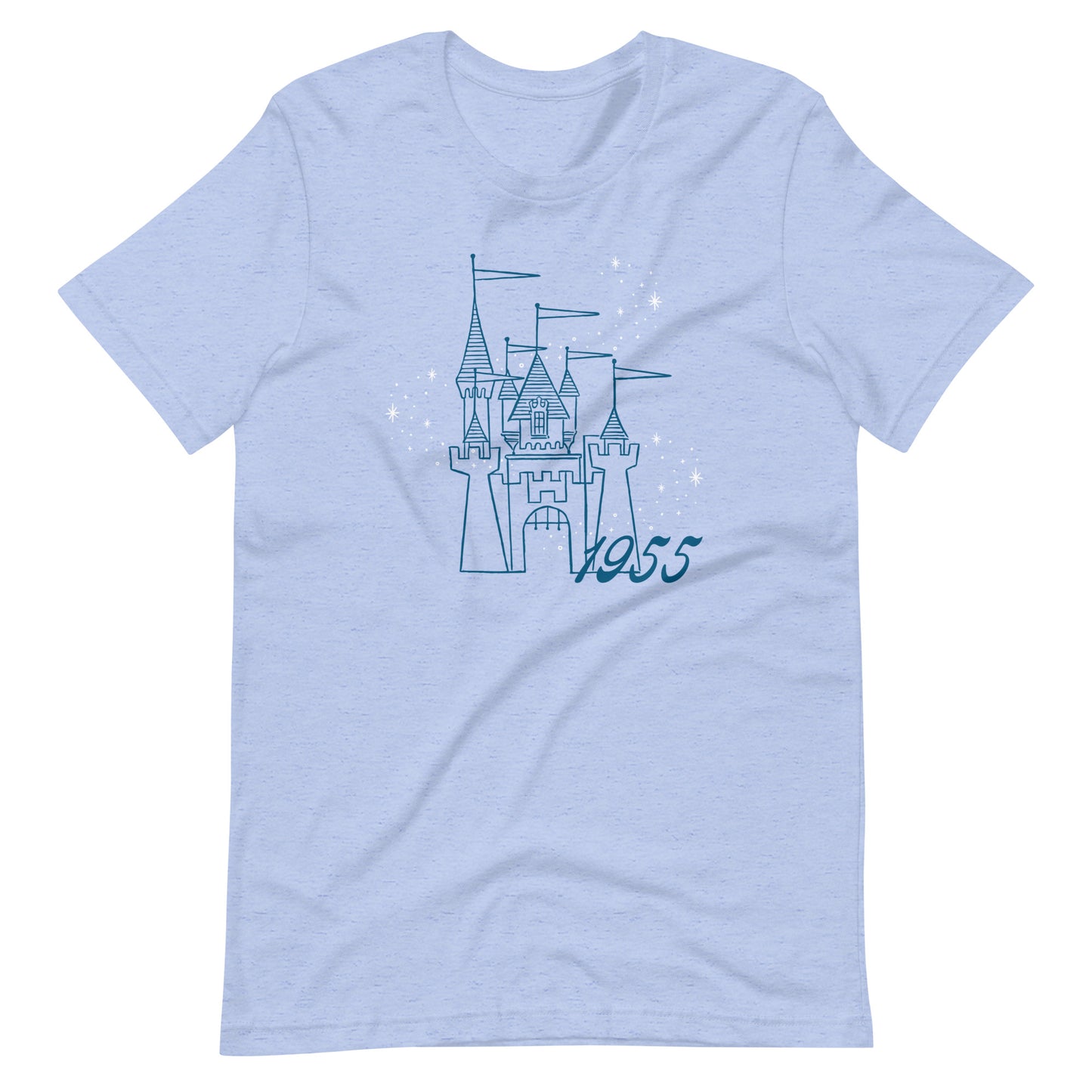 Blue t-shirt printed with vintage style sketch of the Disneyland Castle with the year 1955 and pixie dust above the castle.
