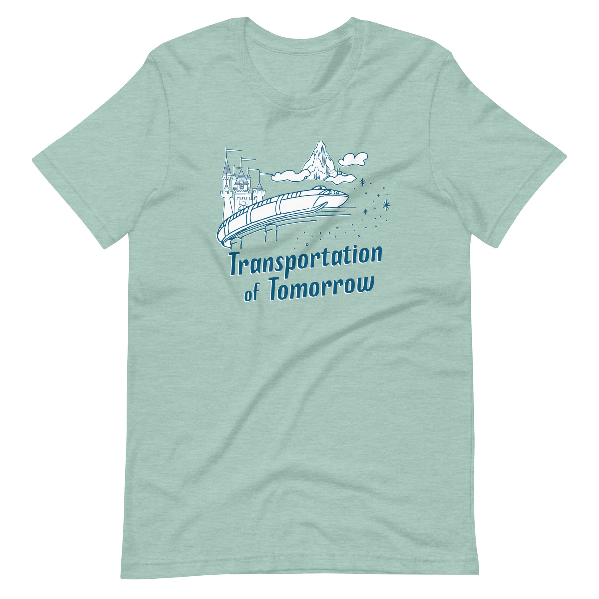 Dusty blue shirt printed with vintage style sketch of the Matterhorn, Castle, and Monorail with pixie dust. The shirt says Transportation of Tomorrow.