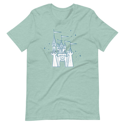 Dusty blue shirt printed with vintage style sketch of the Disneyland Castle and pixie dust above the castle.