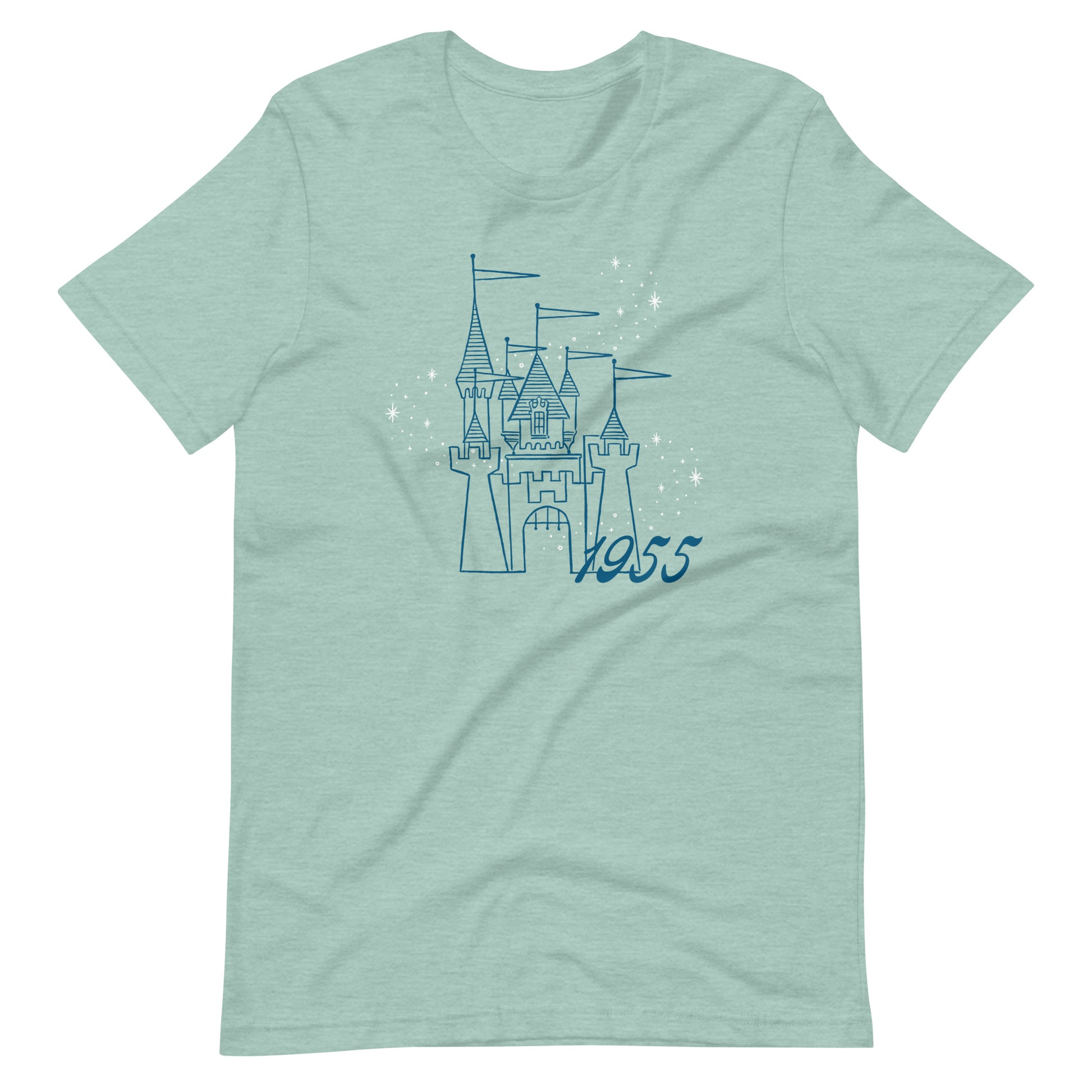 Dusty blue t-shirt printed with vintage style sketch of the Disneyland Castle with the year 1955 and pixie dust above the castle.
