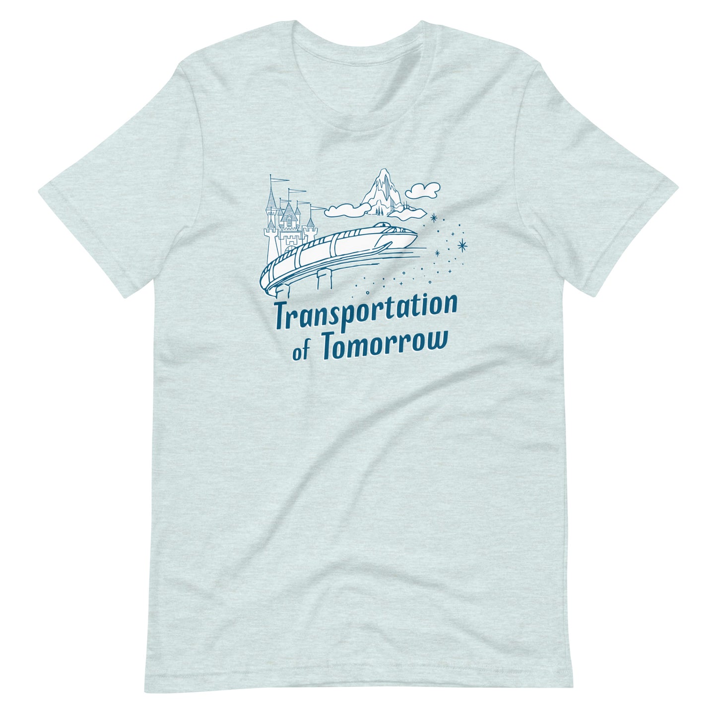 Light blue shirt printed with vintage style sketch of the Matterhorn, Castle, and Monorail with pixie dust. The shirt says Transportation of Tomorrow.