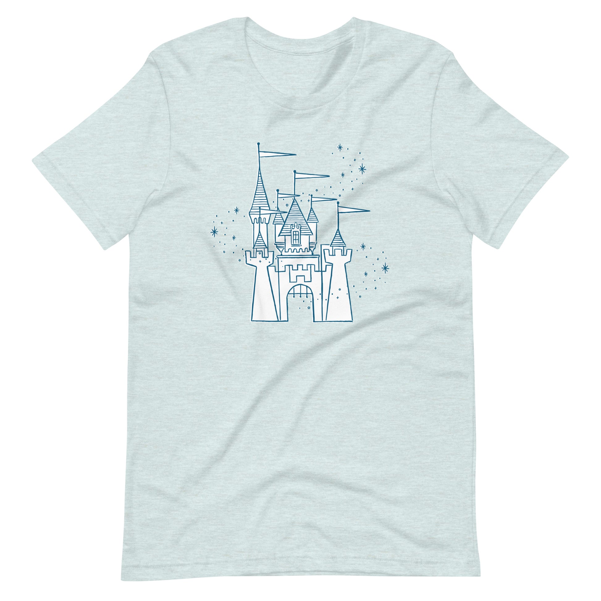 Light blue shirt printed with vintage style sketch of the Disneyland Castle and pixie dust above the castle.