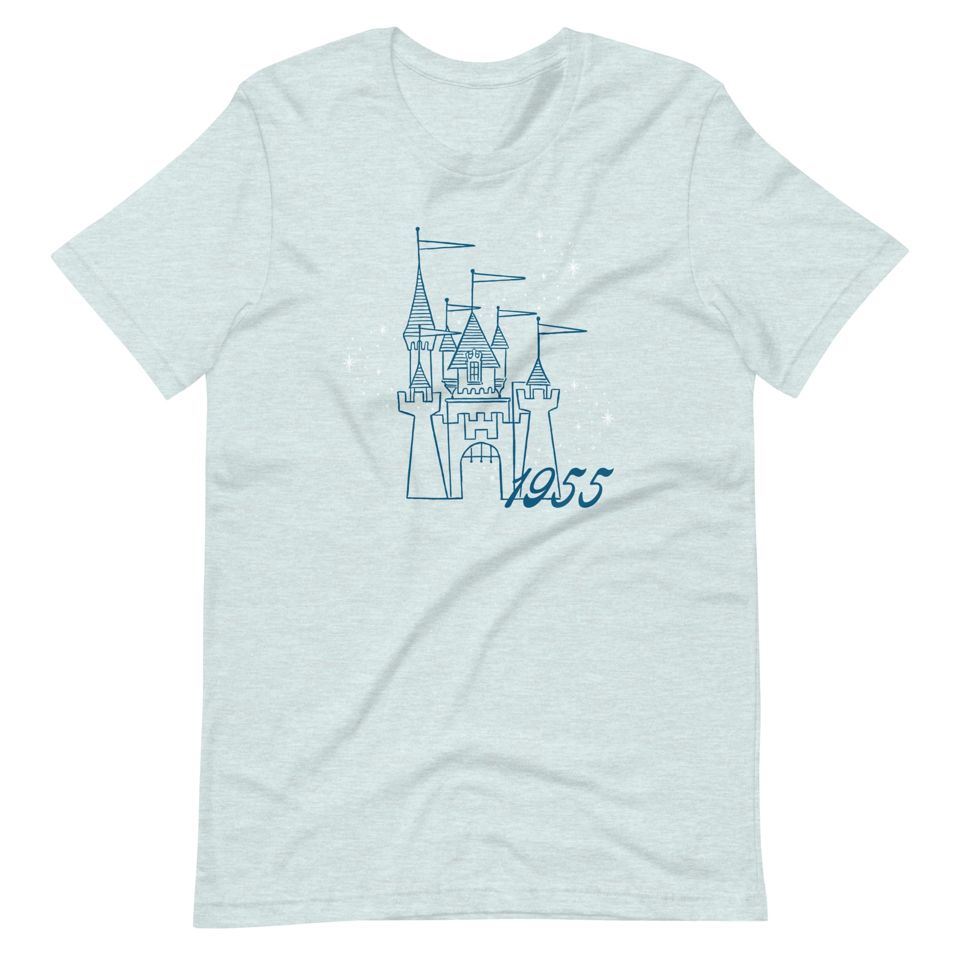 Light blue t-shirt printed with vintage style sketch of a castle with the year 1955 and pixie dust above the castle.