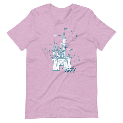 Purple shirt printed with vintage style sketch of ta castle, the year 1971, and pixie dust around the castle.