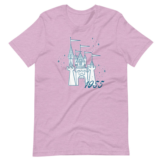 Purple shirt printed with vintage style sketch of a castle, the year 1955, and pixie dust above the castle.