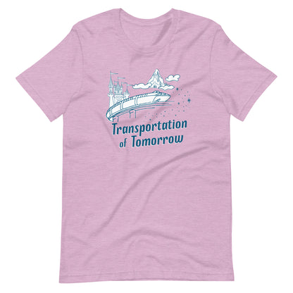 Purple shirt printed with vintage style sketch of the Matterhorn, Castle, and Monorail with pixie dust. The shirt says Transportation of Tomorrow.