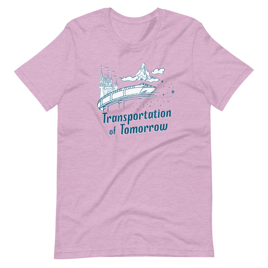 Purple shirt printed with vintage style sketch of the Matterhorn, Castle, and Monorail with pixie dust. The shirt says Transportation of Tomorrow.