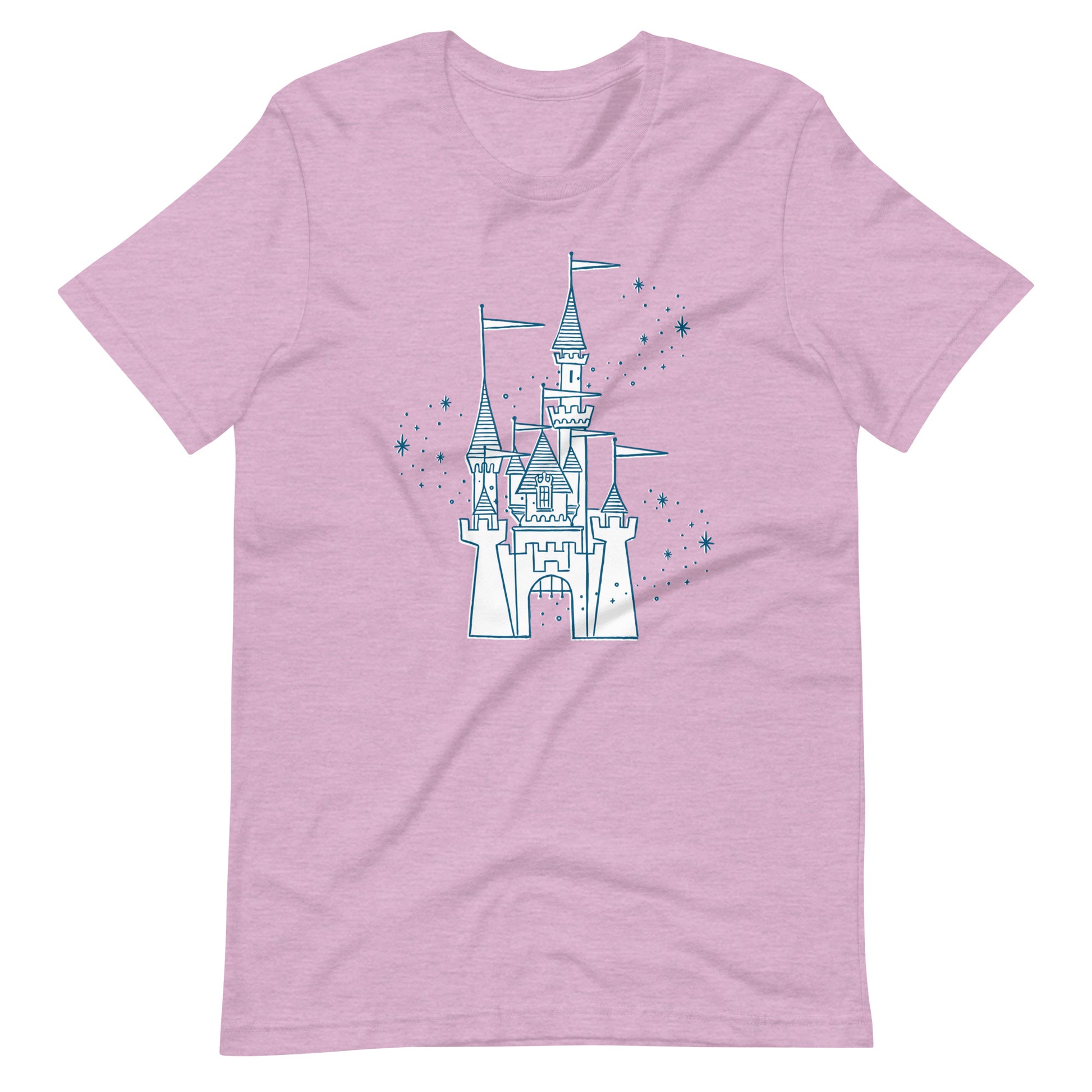 Purple shirt printed with vintage style sketch of a castle and pixie dust around the castle.