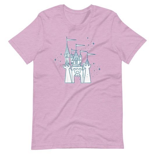 Purple shirt printed with vintage style sketch of the Disneyland Castle and pixie dust above the castle.
