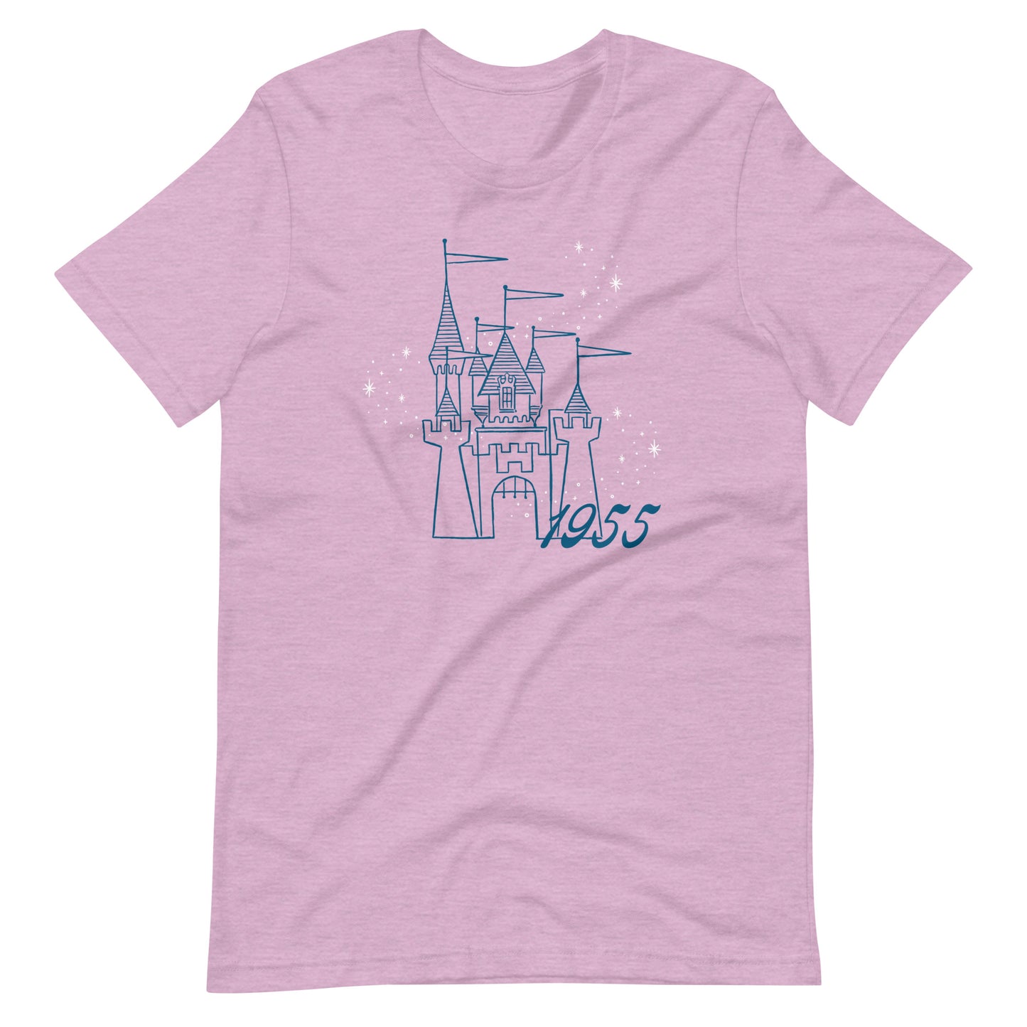 Purple t-shirt printed with vintage style sketch of the Disneyland Castle with the year 1955 and pixie dust above the castle.