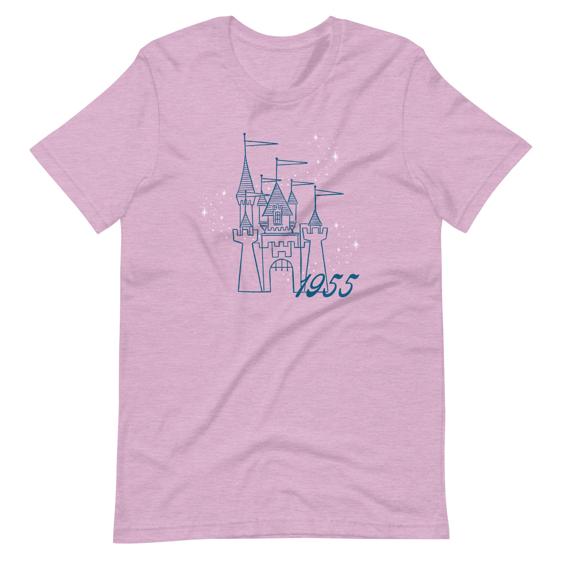 Purple t-shirt printed with vintage style sketch of a castle with the year 1955 and pixie dust above the castle.