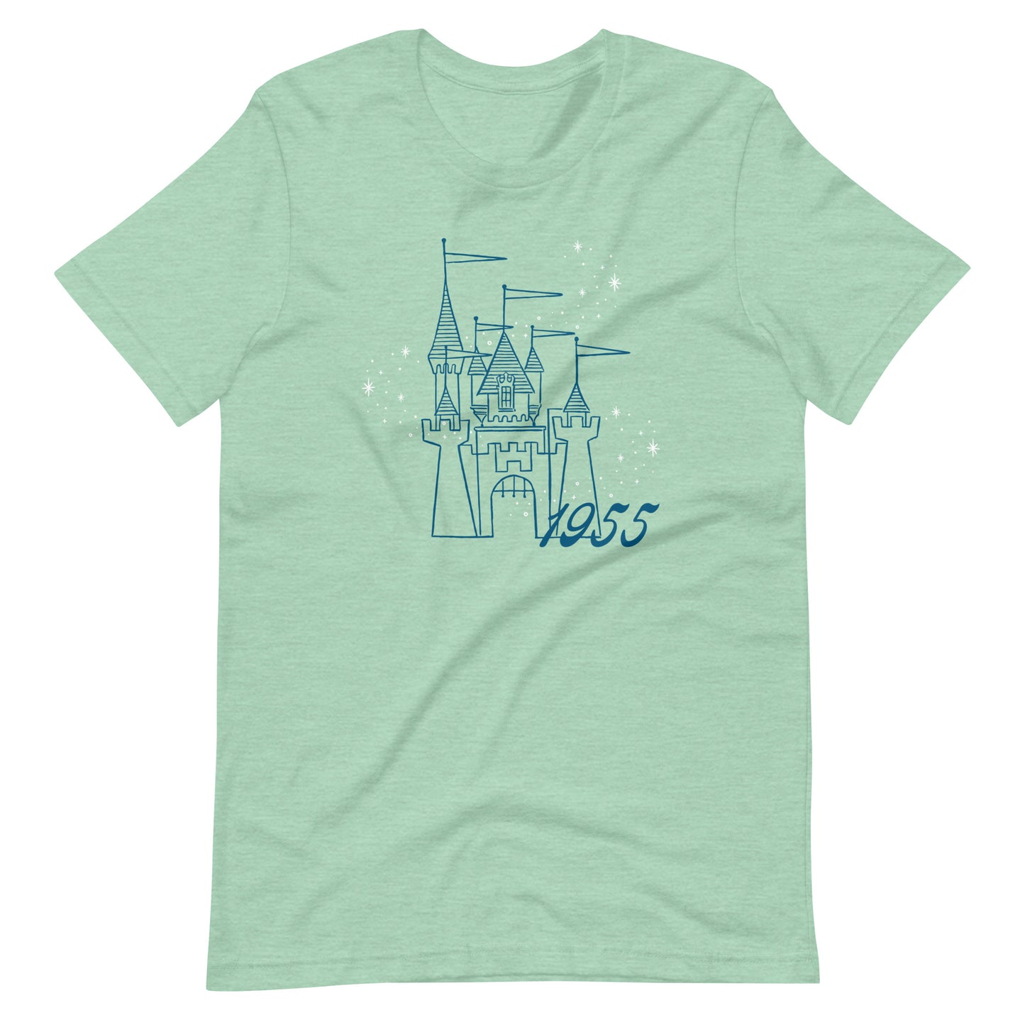 Mint green t-shirt printed with vintage style sketch of the Disneyland Castle with the year 1955 and pixie dust above the castle.