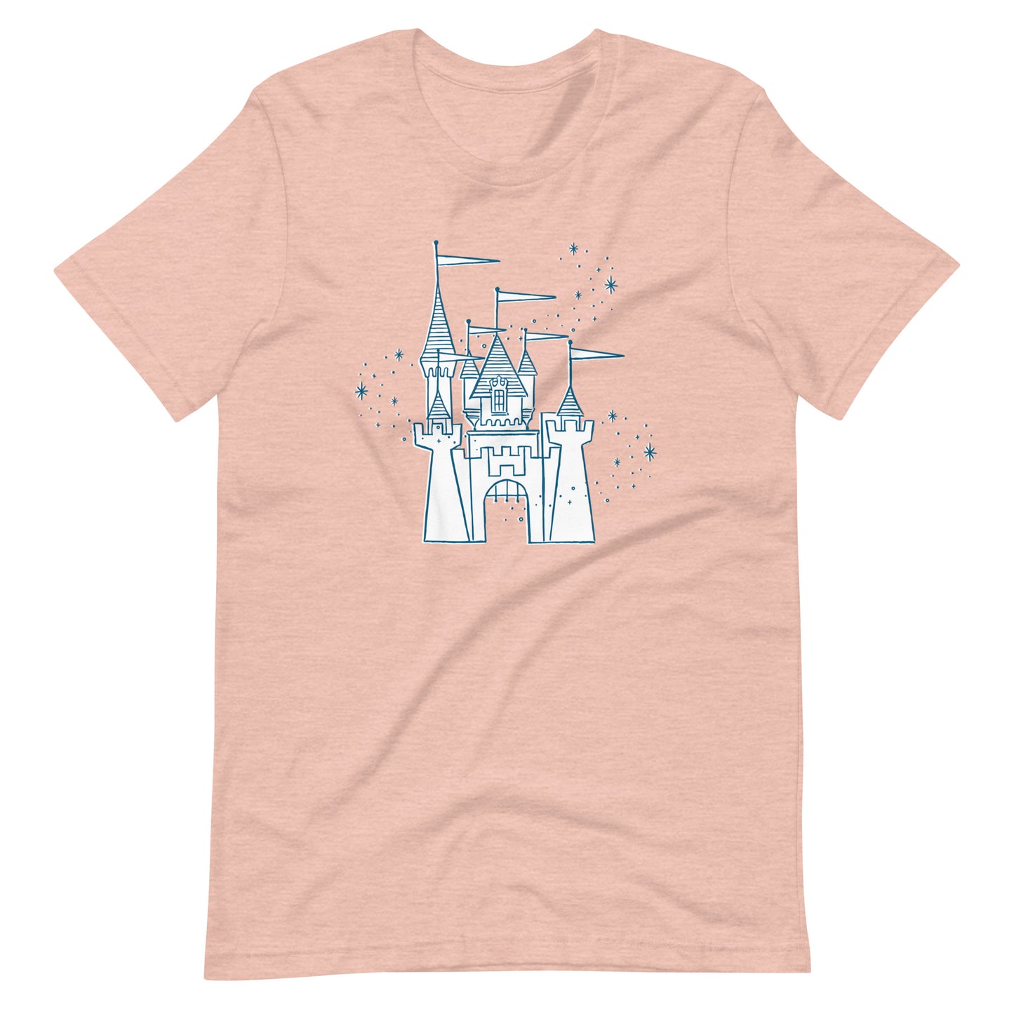 Peach shirt printed with vintage style sketch of the Disneyland Castle and pixie dust above the castle.
