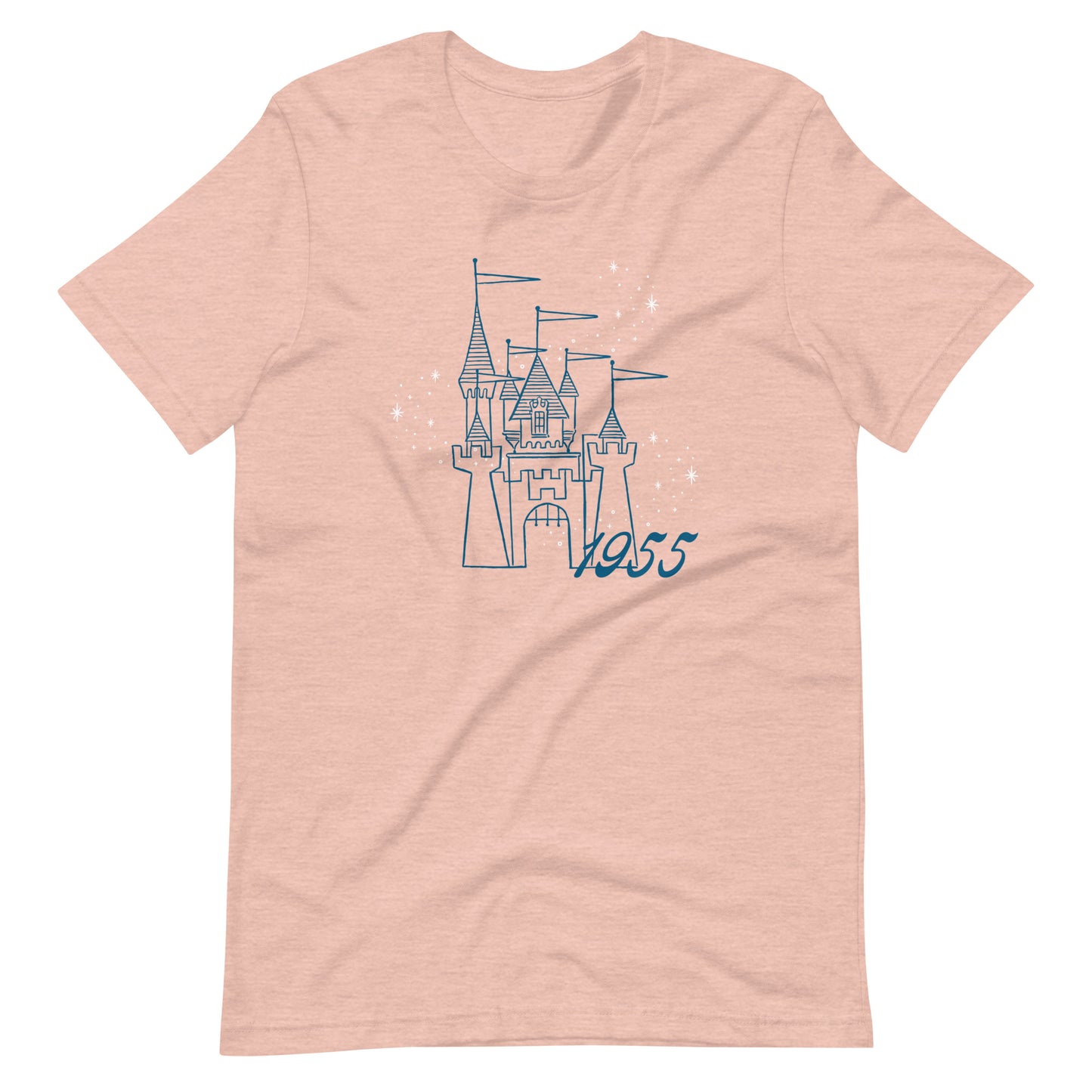 Peach t-shirt printed with vintage style sketch of a castle with the year 1955 and pixie dust above the castle.