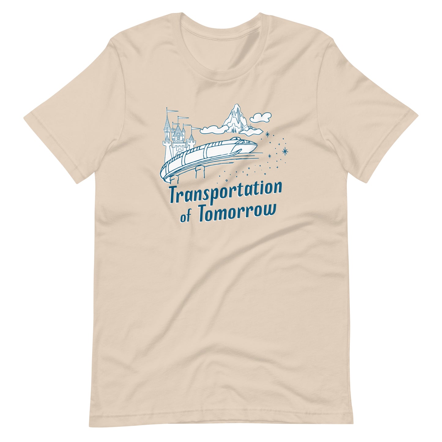 Cream shirt printed with vintage style sketch of the Matterhorn, Castle, and Monorail with pixie dust. The shirt says Transportation of Tomorrow.