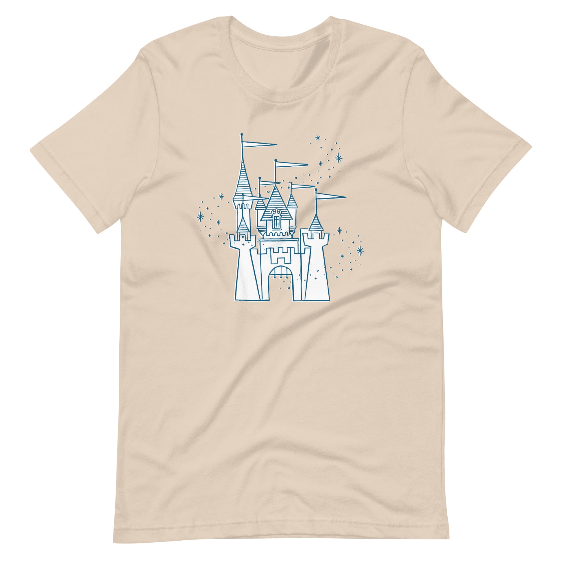 Cream shirt printed with vintage style sketch of the Disneyland Castle and pixie dust above the castle.