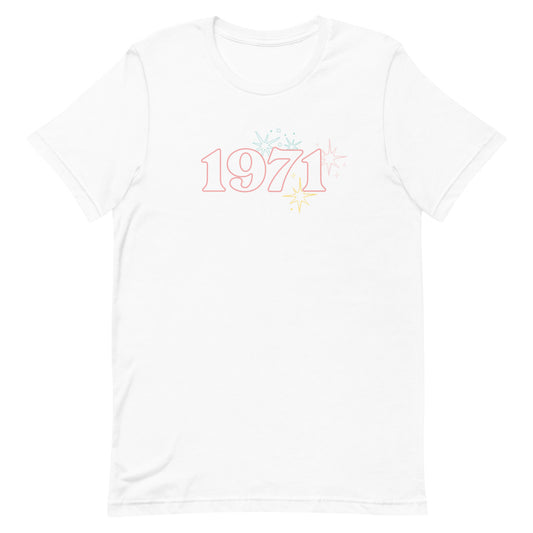 White t-shirt with 1971 text and starbursts to celebrate Disney World's 50th anniversary.
