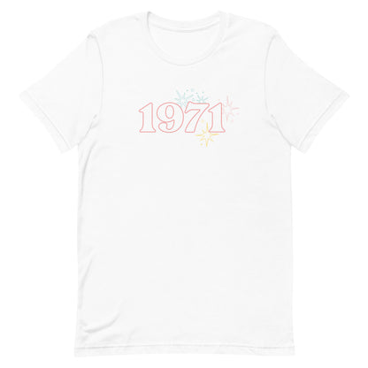 White t-shirt with 1971 text and starbursts to celebrate Disney World's 50th anniversary.