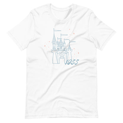 White t-shirt printed with vintage style sketch of the Disneyland Castle with the year 1955 and pixie dust above the castle.