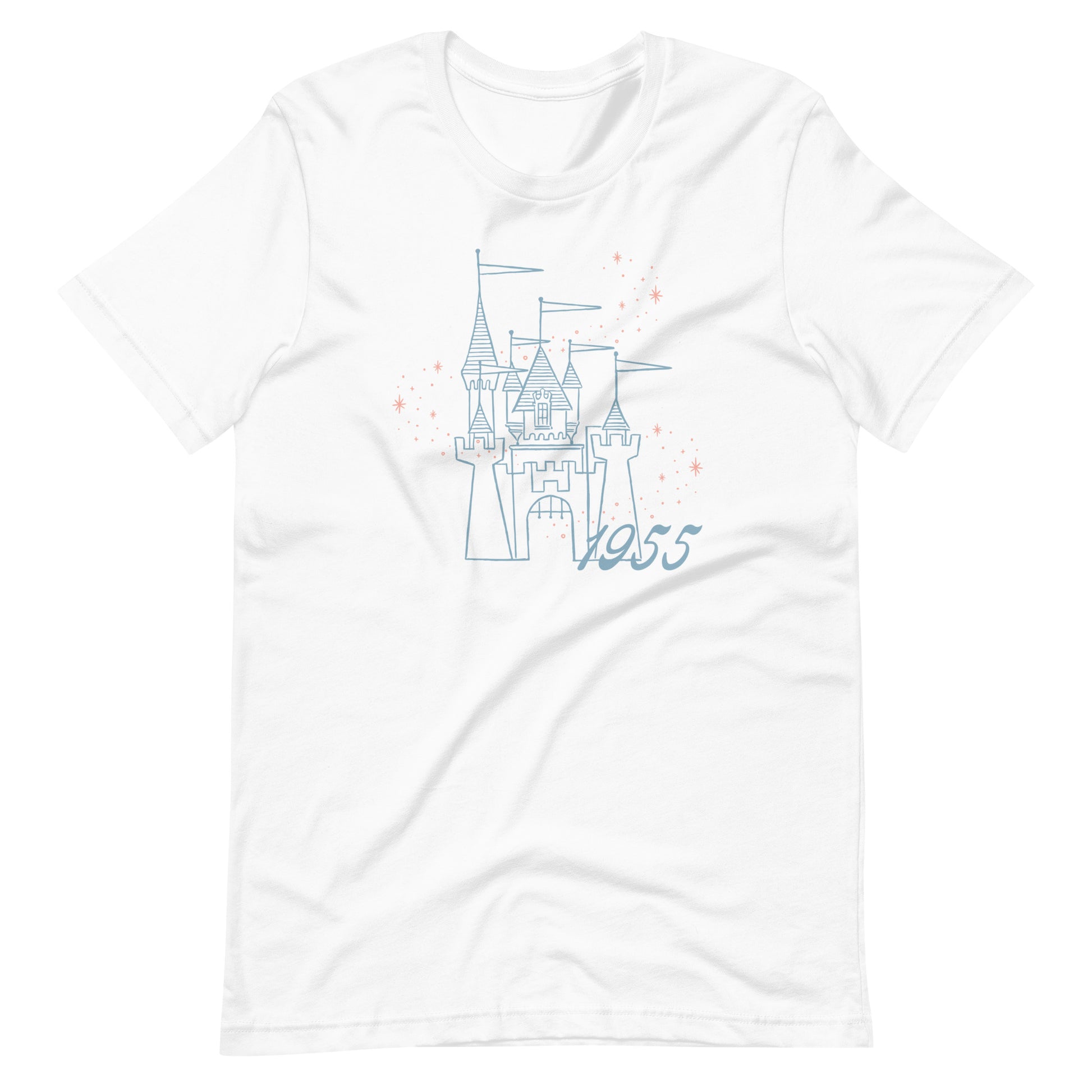 White shirt printed with vintage style sketch of the Disneyland Castle, the year 1955, and pixie dust above the castle.