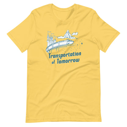 Yellow shirt printed with vintage style sketch of the Matterhorn, Castle, and Monorail with pixie dust. The shirt says Transportation of Tomorrow.