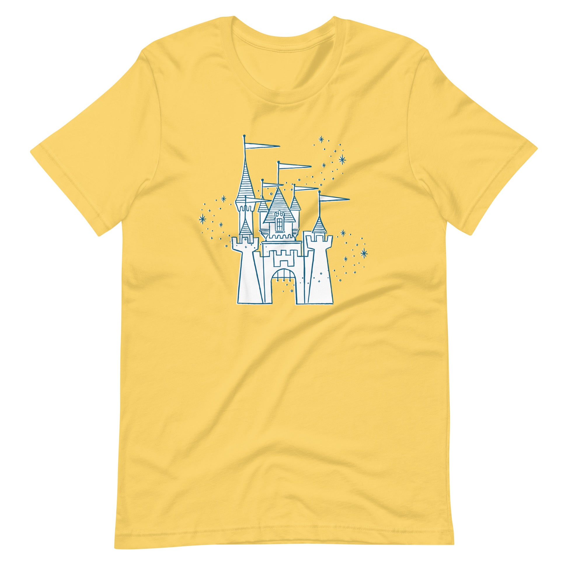 Yellow shirt printed with vintage style sketch of the Disneyland Castle and pixie dust above the castle.