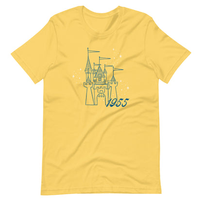 Yellow t-shirt printed with vintage style sketch of a castle with the year 1955 and pixie dust above the castle.